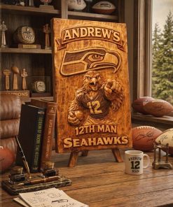 Alternative view of Hand-Carved Seahawks Wooden Sign – Custom Name Fan Cave Decor