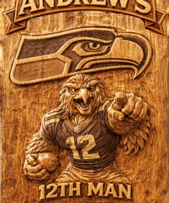 Hand-Carved Seahawks Wooden Sign – Custom Name Fan Cave Decor