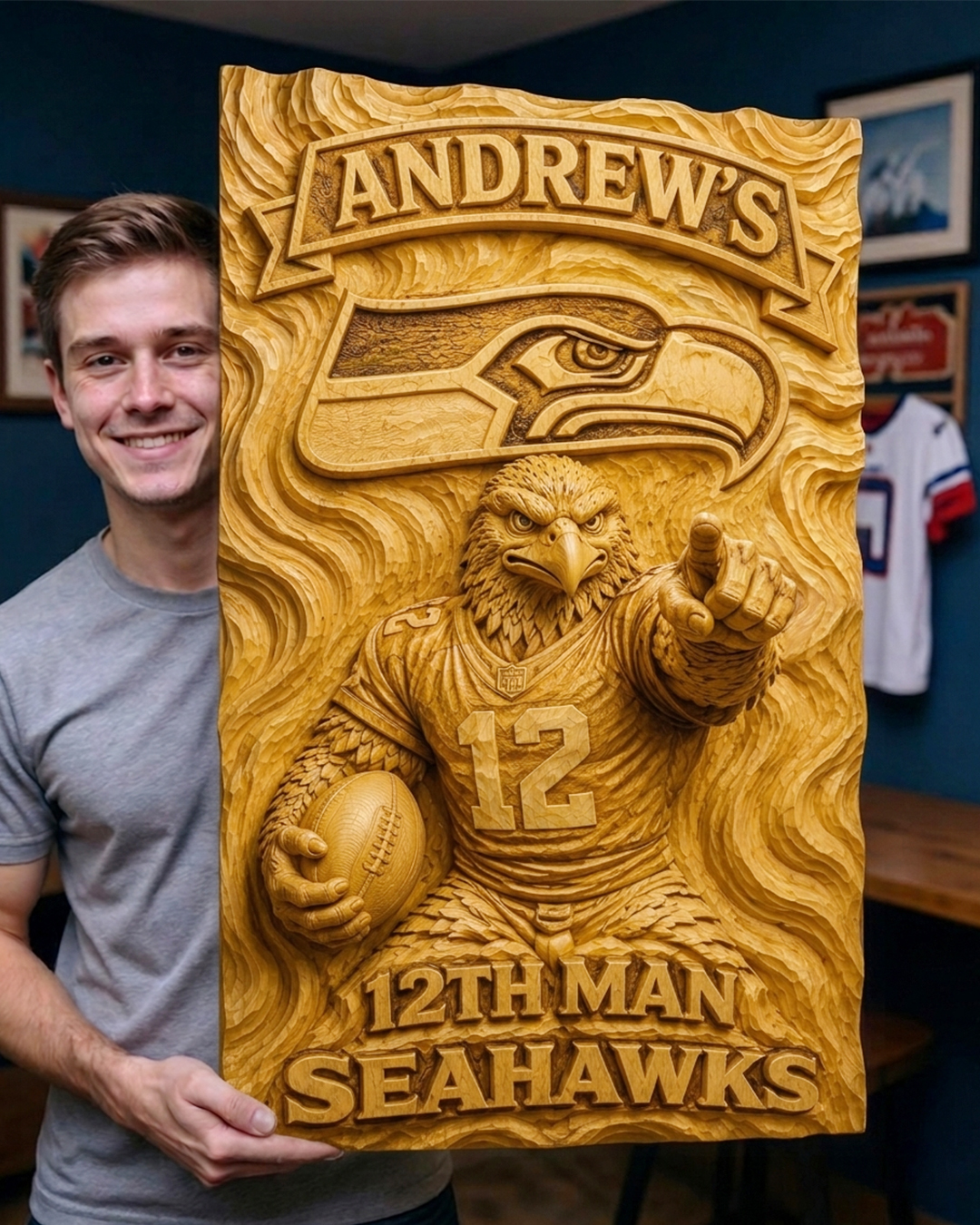 Hand-Carved Seahawks Wooden Wall Art – Custom Name Fan Cave Decor - Image 2