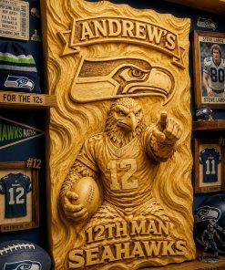 Hand-Carved Seahawks Wooden Wall Art – Custom Name Fan Cave Decor