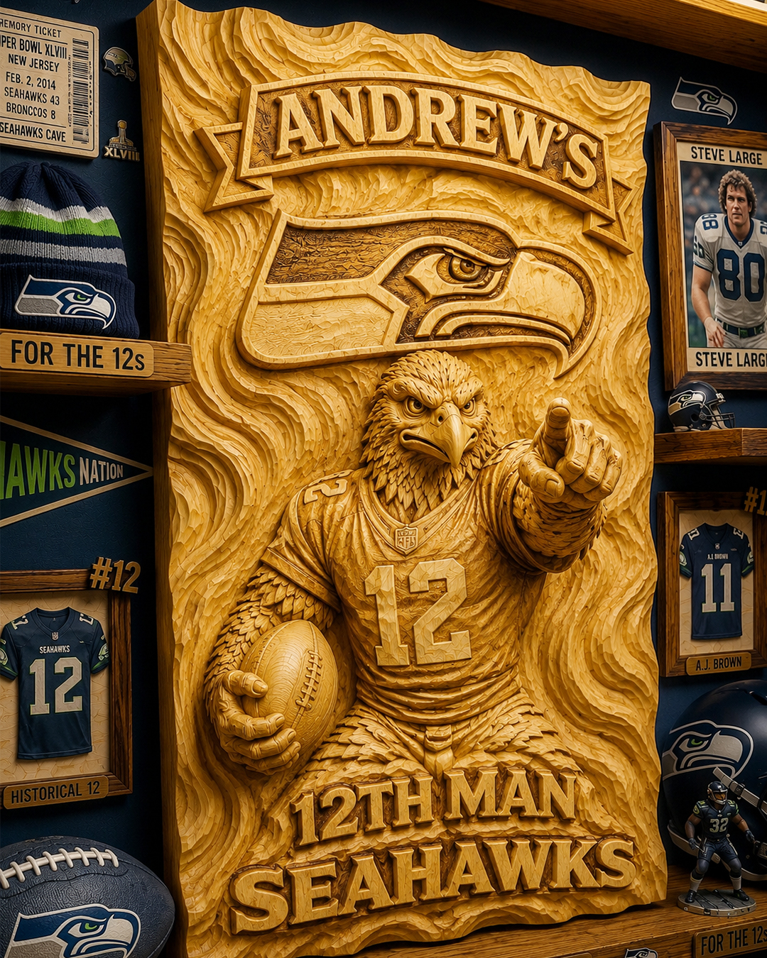 Hand-Carved Seahawks Wooden Wall Art – Custom Name Fan Cave Decor
