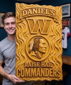 Alternative view of Hand-Carved Commanders Wooden Wall Art – Custom Name Fan Cave Decor