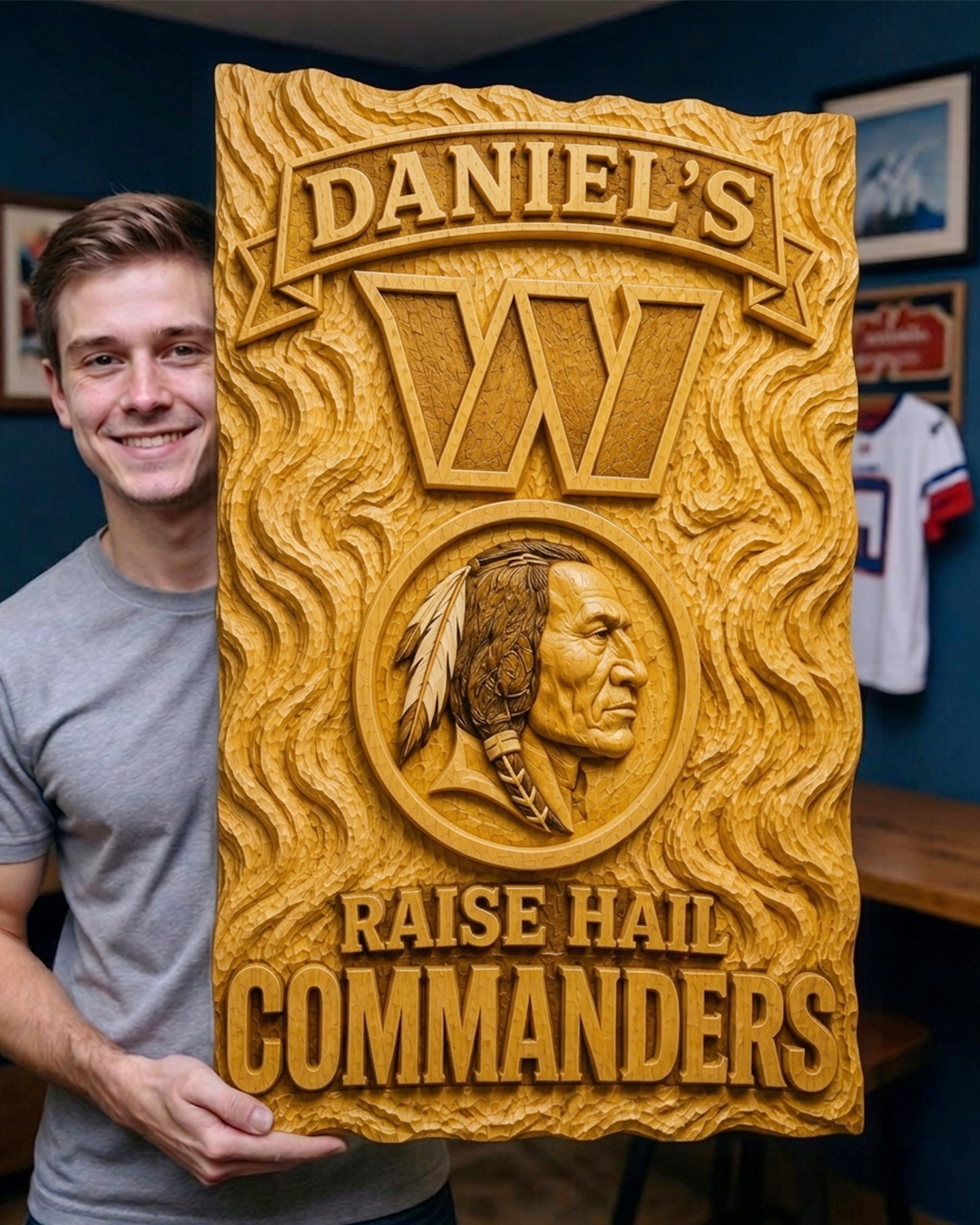 Hand-Carved Commanders Wooden Wall Art – Custom Name Fan Cave Decor - Image 2