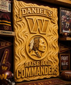 Hand-Carved Commanders Wooden Wall Art – Custom Name Fan Cave Decor