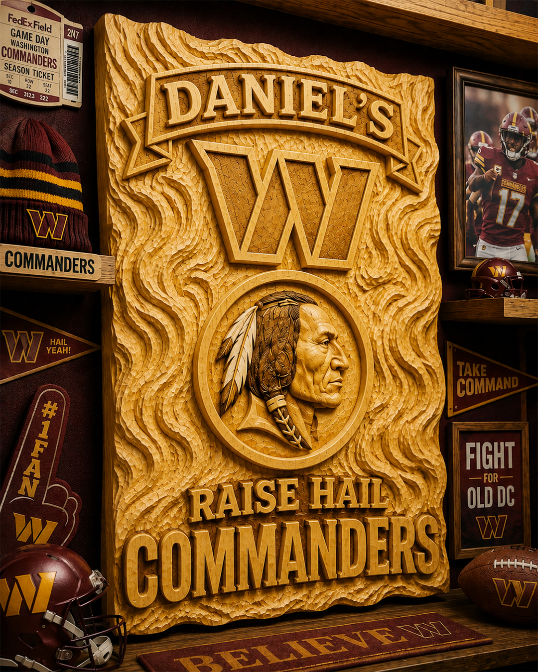 Hand-Carved Commanders Wooden Wall Art – Custom Name Fan Cave Decor