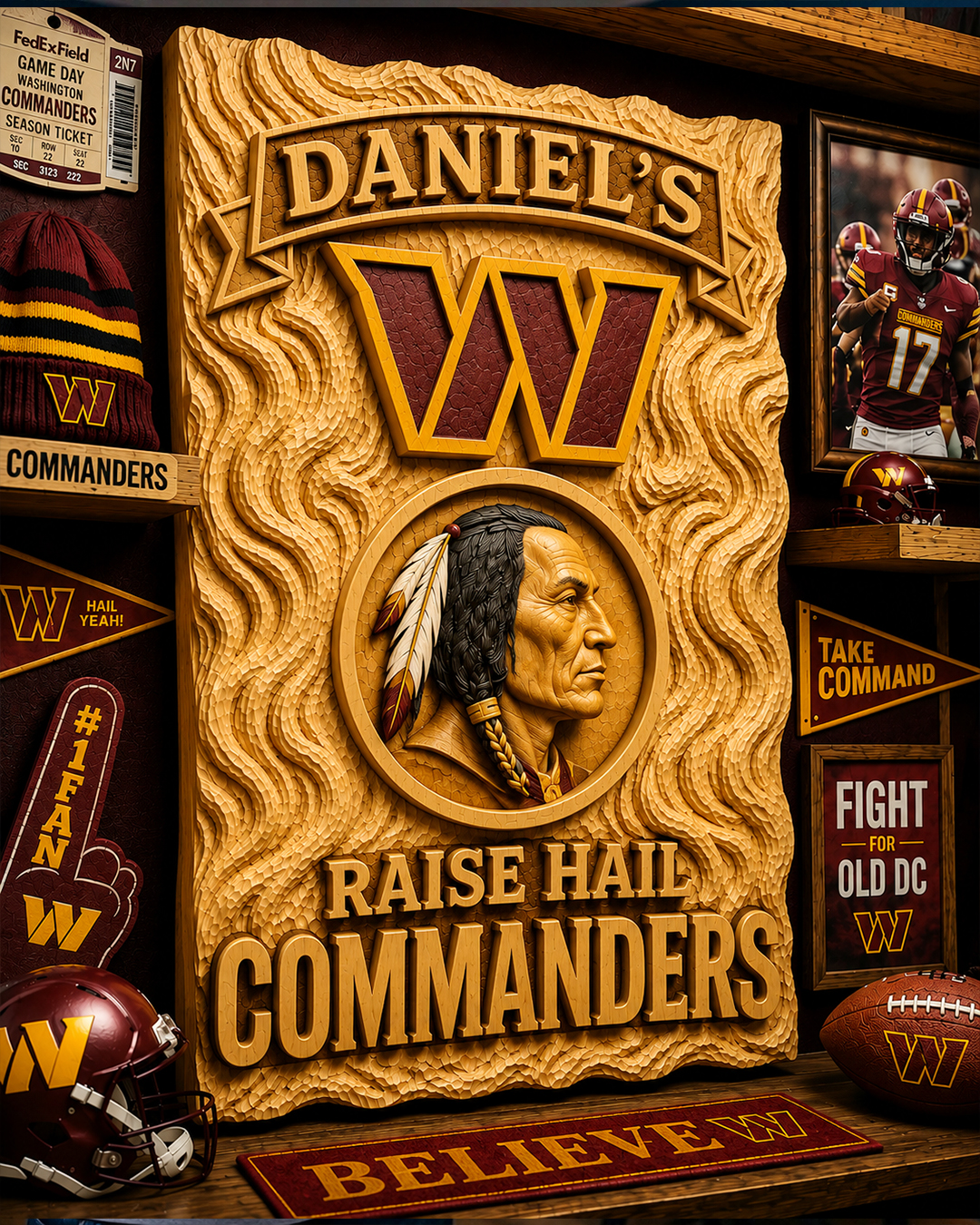 Hand-Carved Commanders Wooden Wall Art