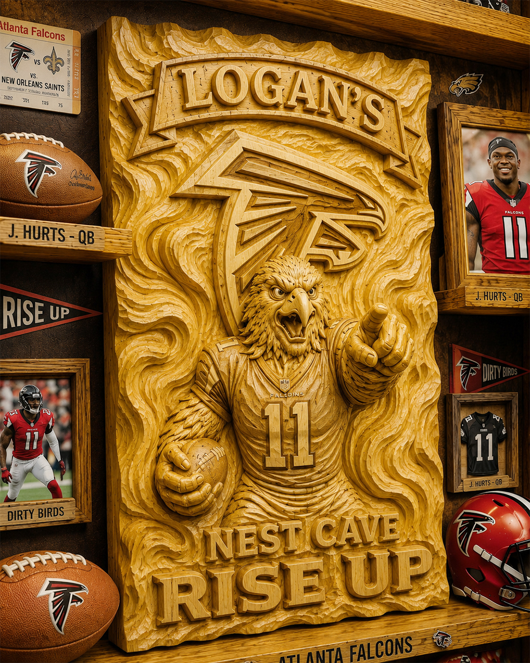 Hand-Carved Falcons Wooden Wall Art – Custom Name