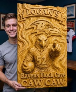 Alternative view of Hand-Carved Ravens Wooden Wall Art – Custom Name