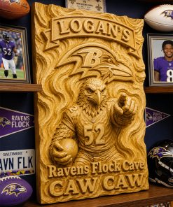 Hand-Carved Ravens Wooden Wall Art – Custom Name