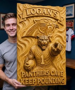 Alternative view of Hand-Carved Panthers Wooden Wall Art – Custom Name
