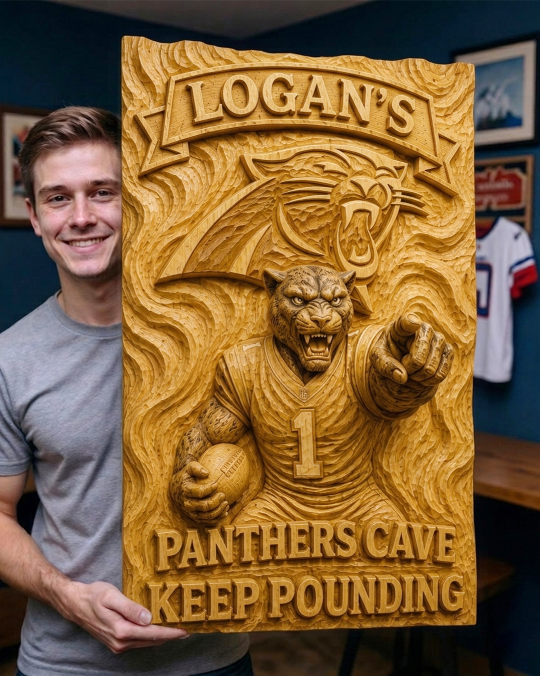 Hand-Carved Panthers Wooden Wall Art – Custom Name - Image 2