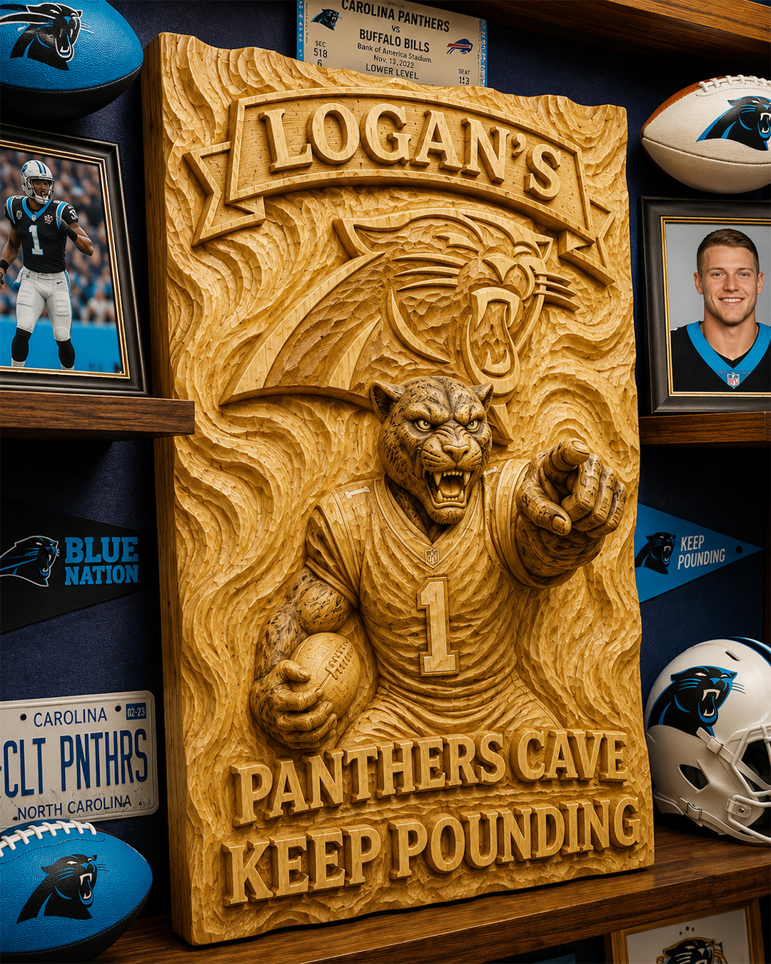 Hand-Carved Panthers Wooden Wall Art – Custom Name
