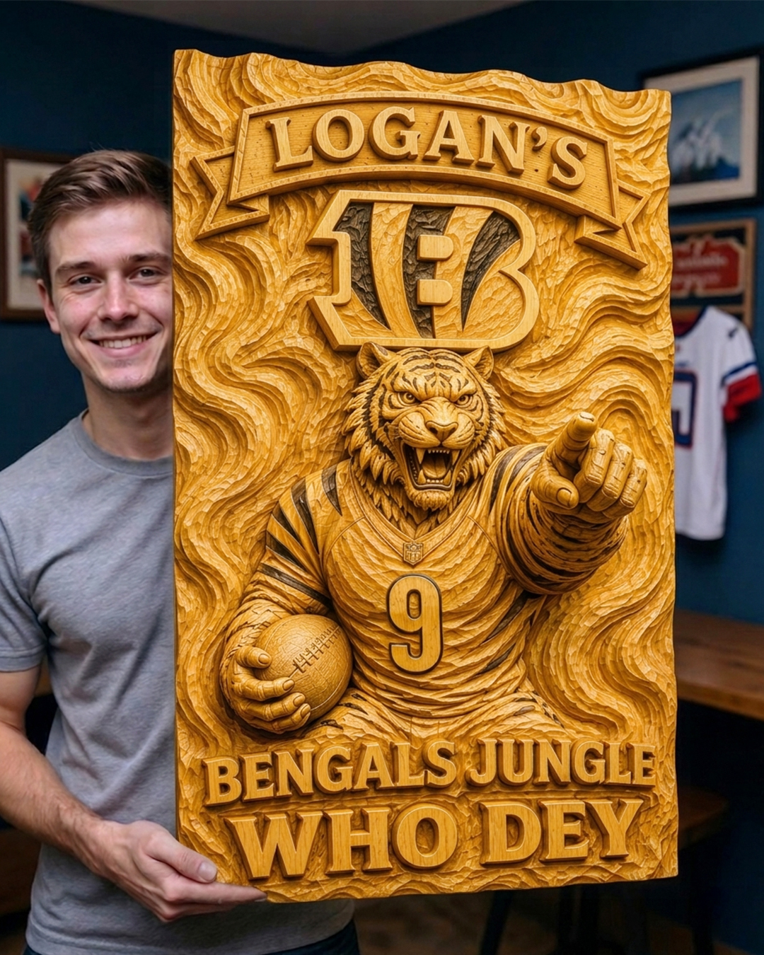 Hand-Carved Bengals Wooden Wall Art – Custom Name - Image 2