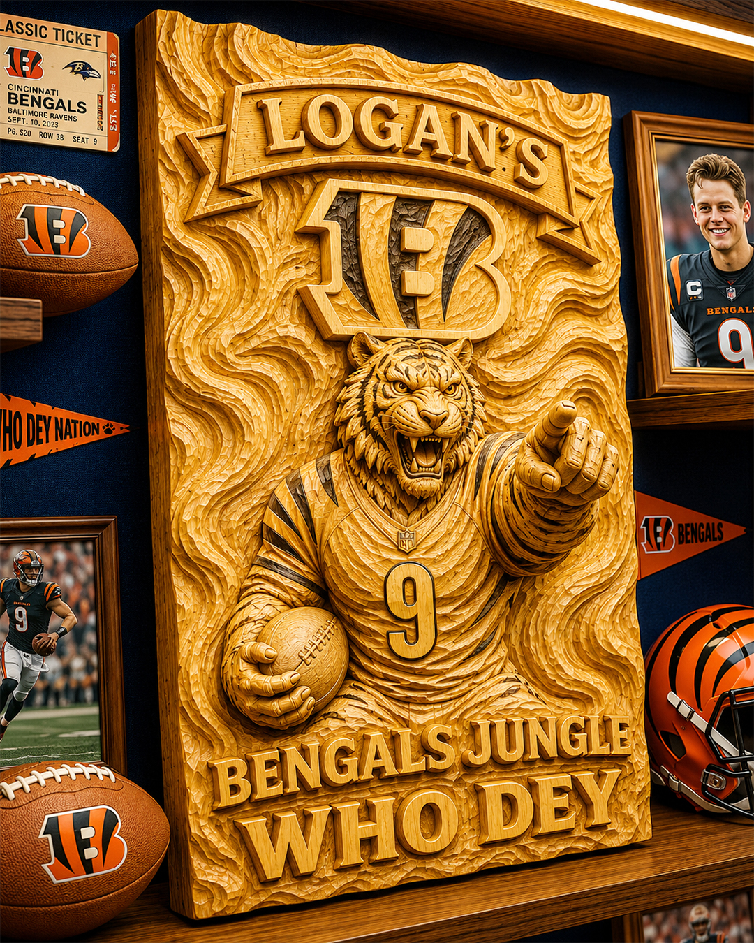 Hand-Carved Bengals Wooden Wall Art – Custom Name