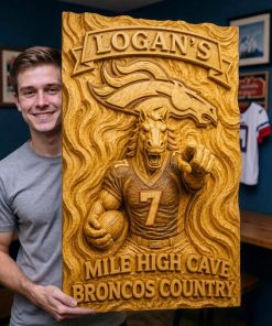 Alternative view of Hand-Carved Broncos Wooden Wall Art – Custom Name