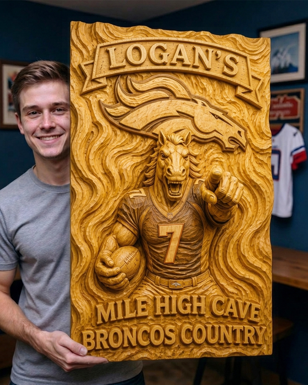 Hand-Carved Broncos Wooden Wall Art – Custom Name - Image 2