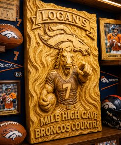 Hand-Carved Broncos Wooden Wall Art – Custom Name