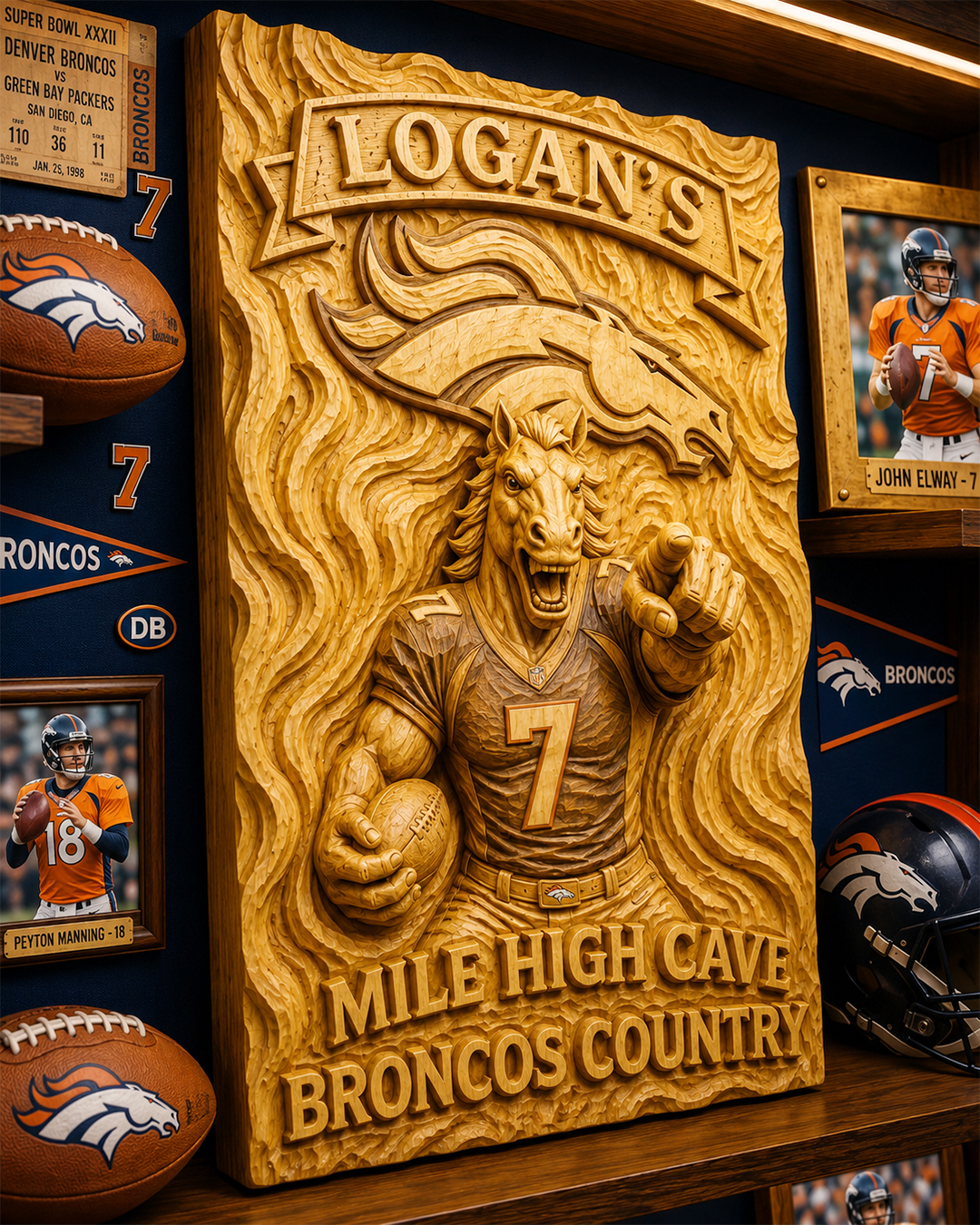 Hand-Carved Broncos Wooden Wall Art – Custom Name