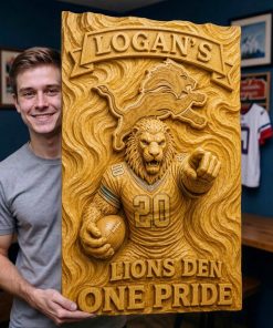 Alternative view of Hand-Carved Detroit Lions Wooden Wall Art – Custom Name