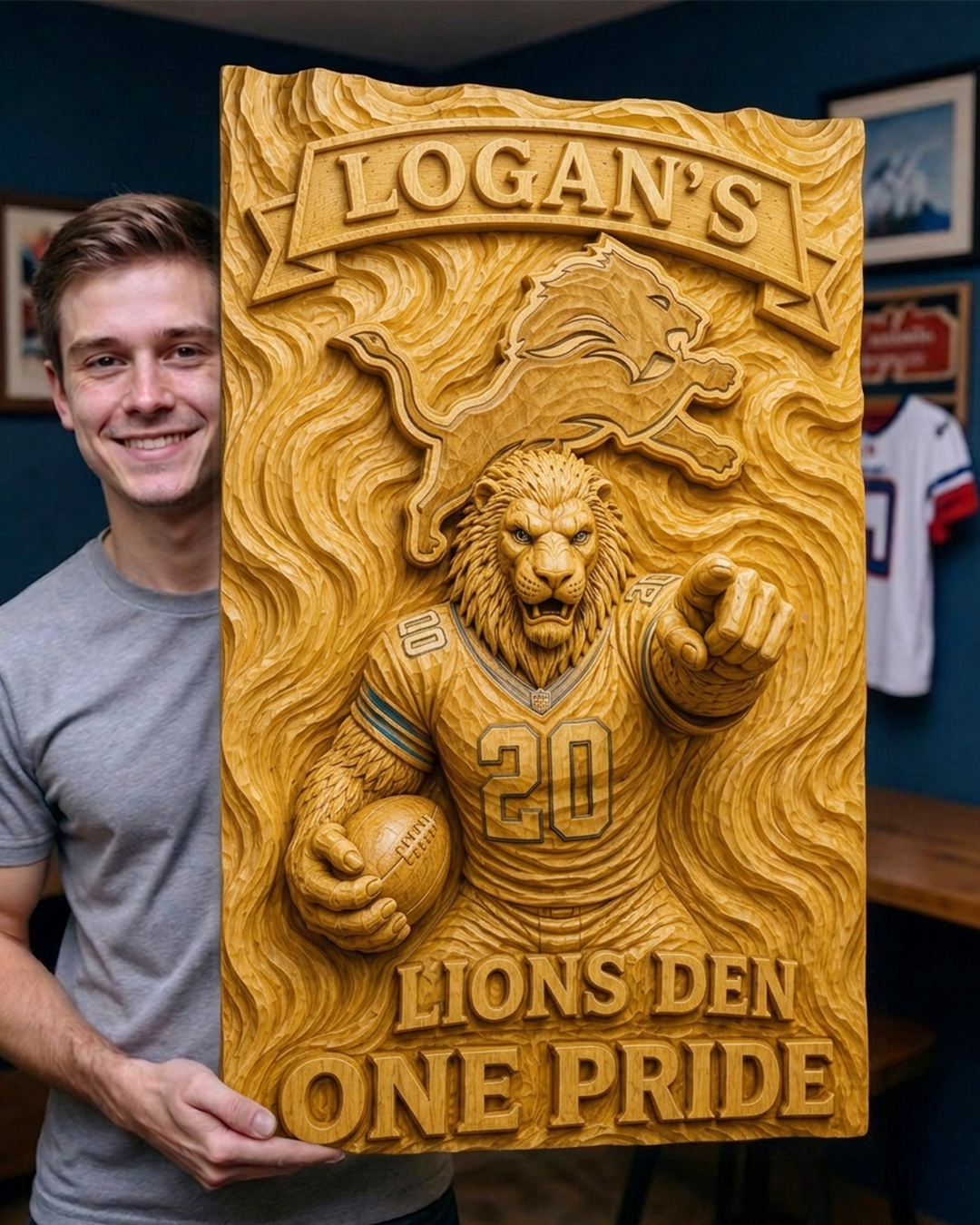 Hand-Carved Detroit Lions Wooden Wall Art – Custom Name - Image 2