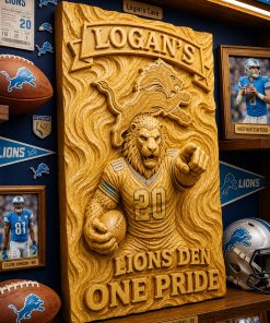 Hand-Carved Detroit Lions Wooden Wall Art – Custom Name