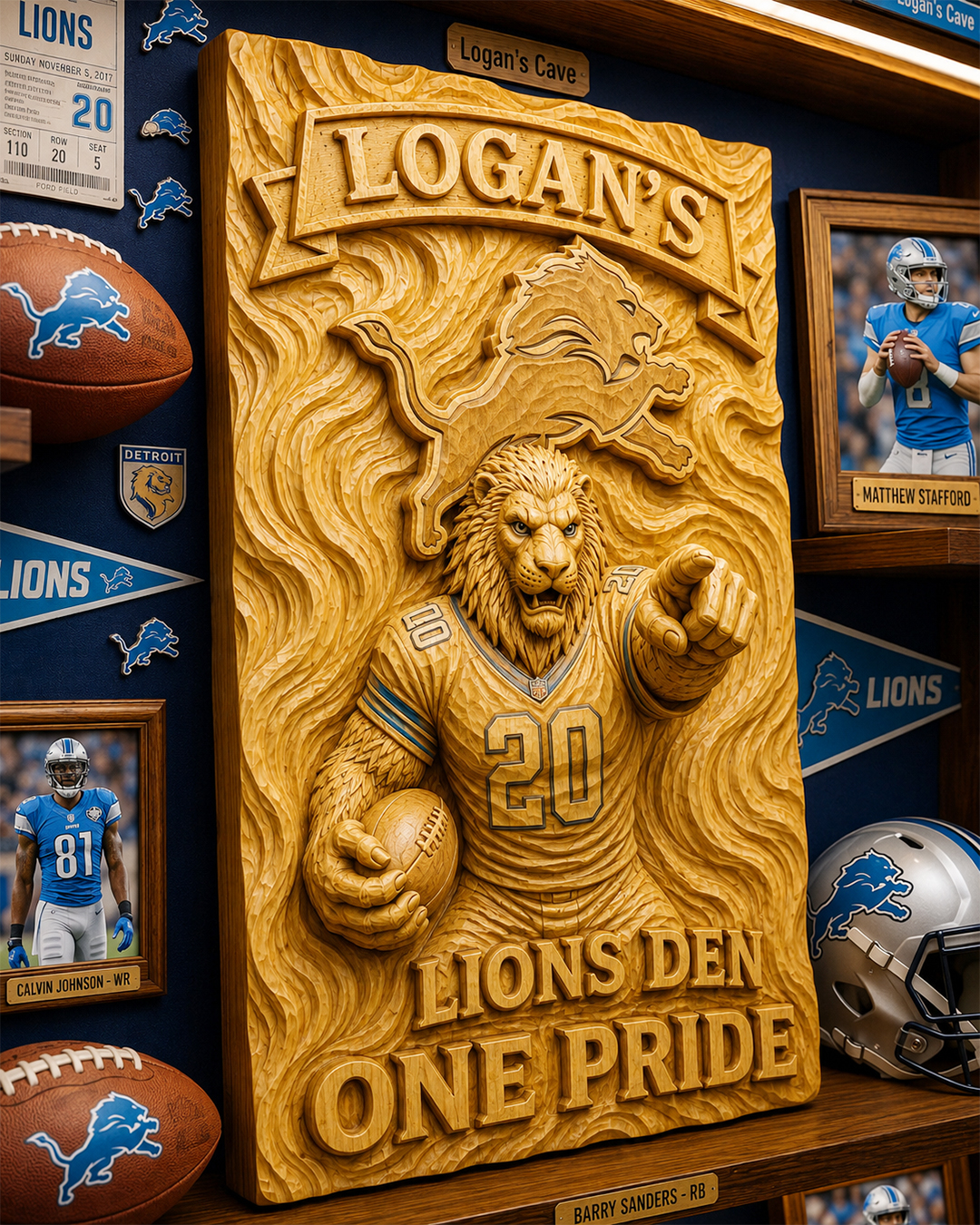 Hand-Carved Detroit Lions Wooden Wall Art – Custom Name