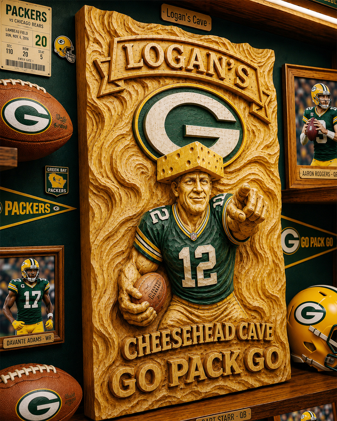 Hand-Carved Green Bay Packers Wooden Wall Art – Custom Name