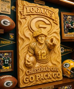 Hand-Carved Green Bay Packers Wooden Wall Art – Custom Name