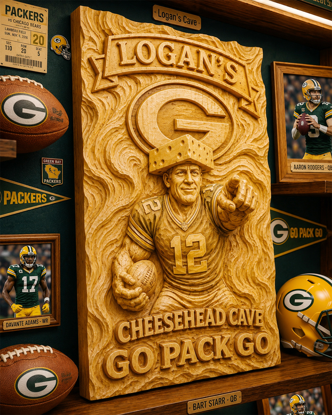 Hand-Carved Green Bay Packers Wooden Wall Art – Custom Name