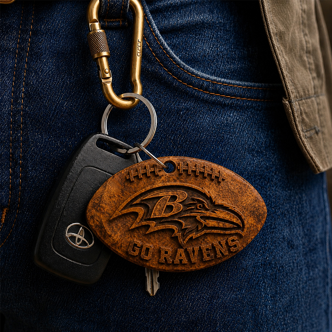 Hand-Carved Baltimore Ravens Wooden Keychain – Custom Name - Image 3