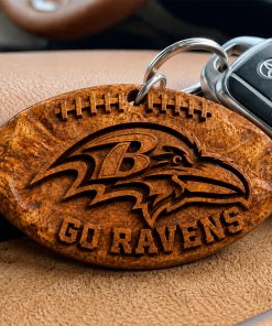 Hand-Carved Baltimore Ravens Wooden Keychain – Custom Name