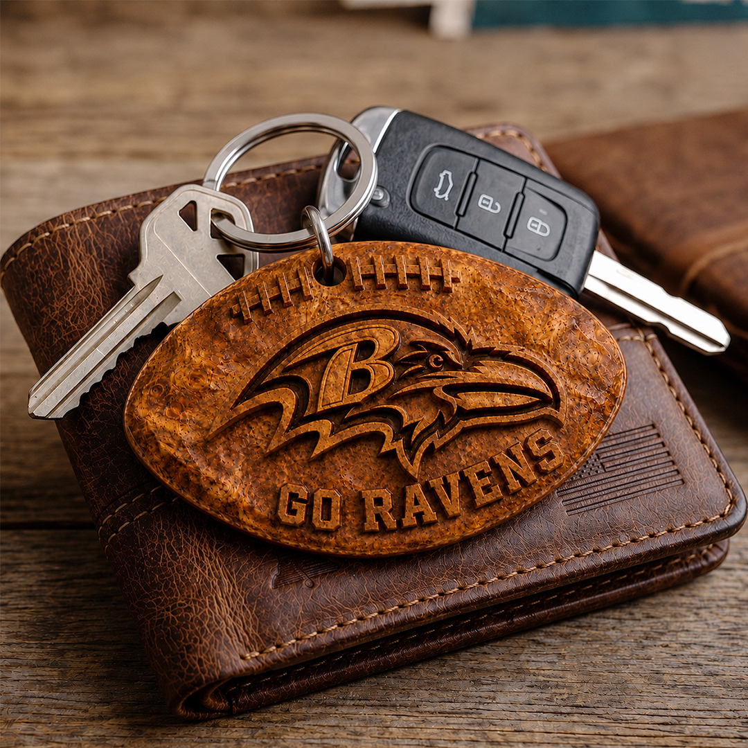 Hand-Carved Baltimore Ravens Wooden Keychain – Custom Name - Image 4