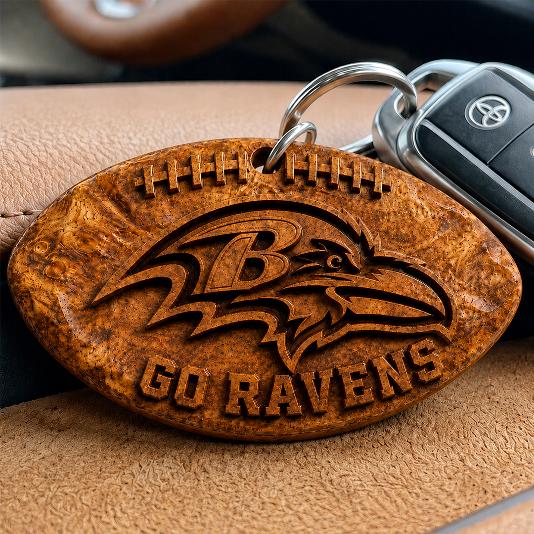 Hand-Carved Baltimore Ravens Wooden Keychain – Custom Name