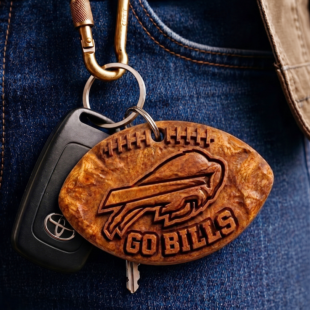 Hand-Carved Buffalo Bills Wooden Keychain – Custom Name - Image 3