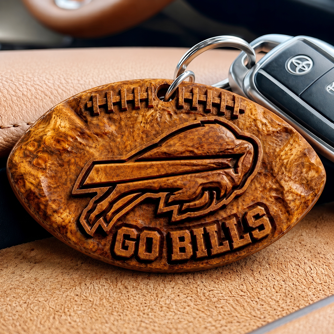Hand-Carved Buffalo Bills Wooden Keychain – Custom Name