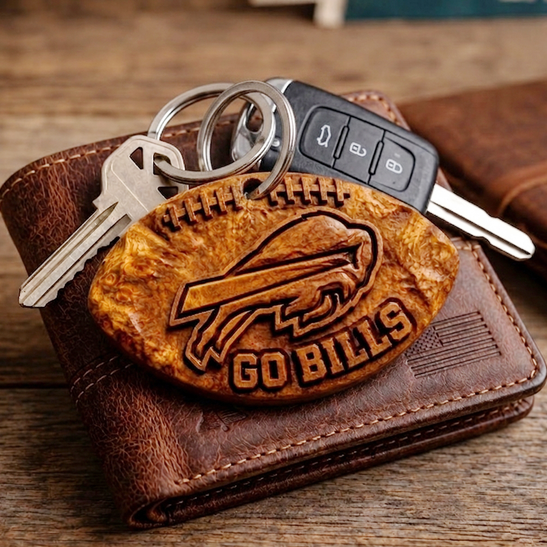 Hand-Carved Buffalo Bills Wooden Keychain – Custom Name - Image 4
