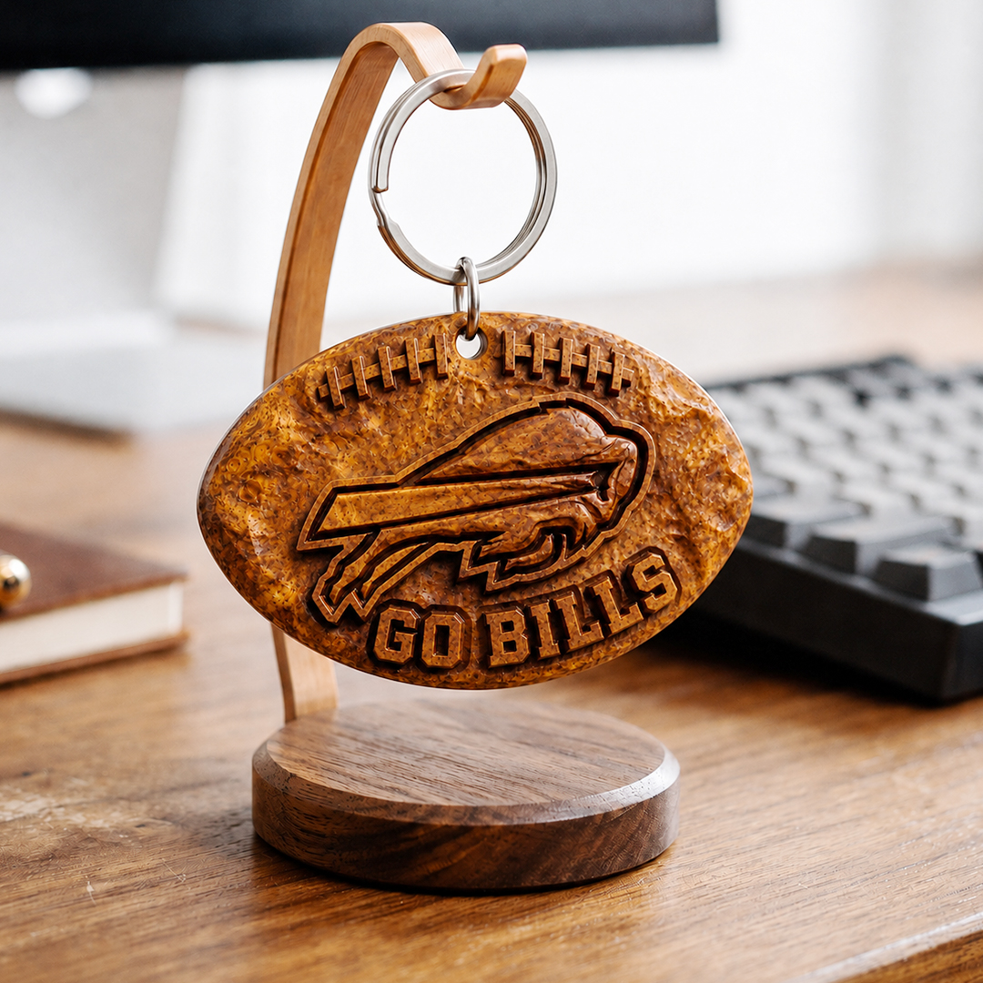 Hand-Carved Buffalo Bills Wooden Keychain – Custom Name - Image 6