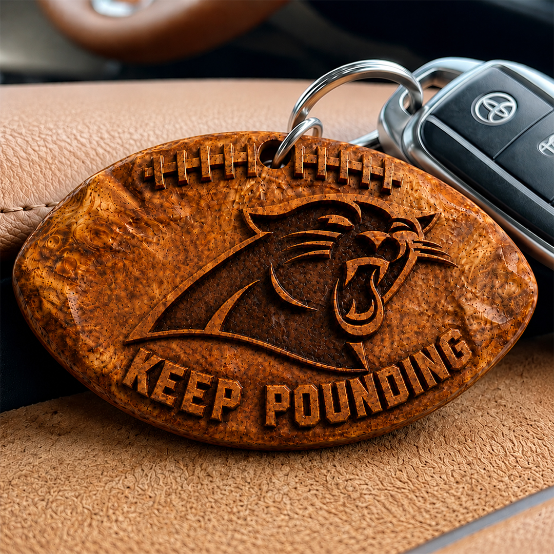 Hand-Carved Carolina Panthers Wooden Keychain – Custom Name