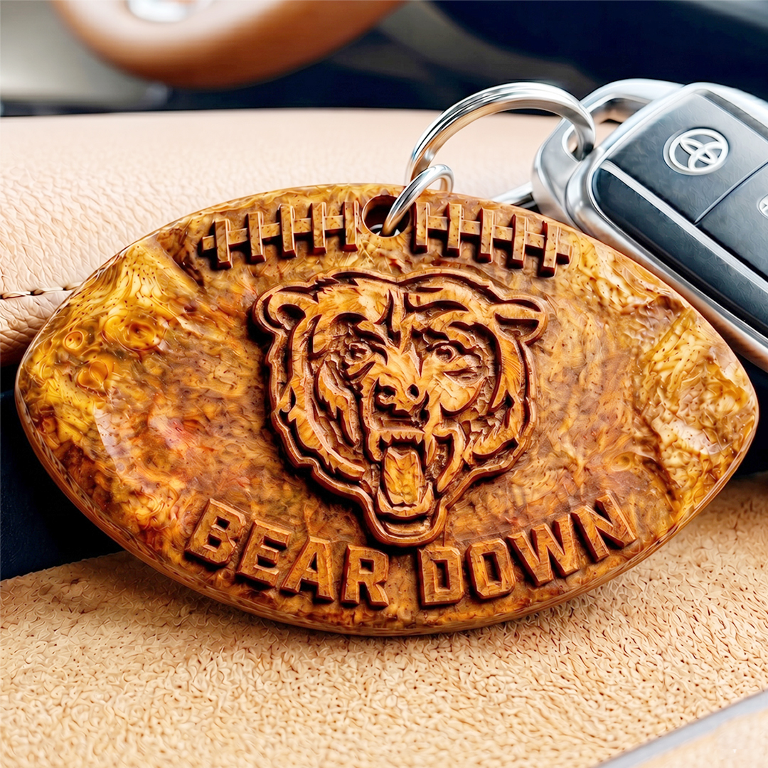 Hand-Carved Chicago Bears Wooden Keychain – Custom Name