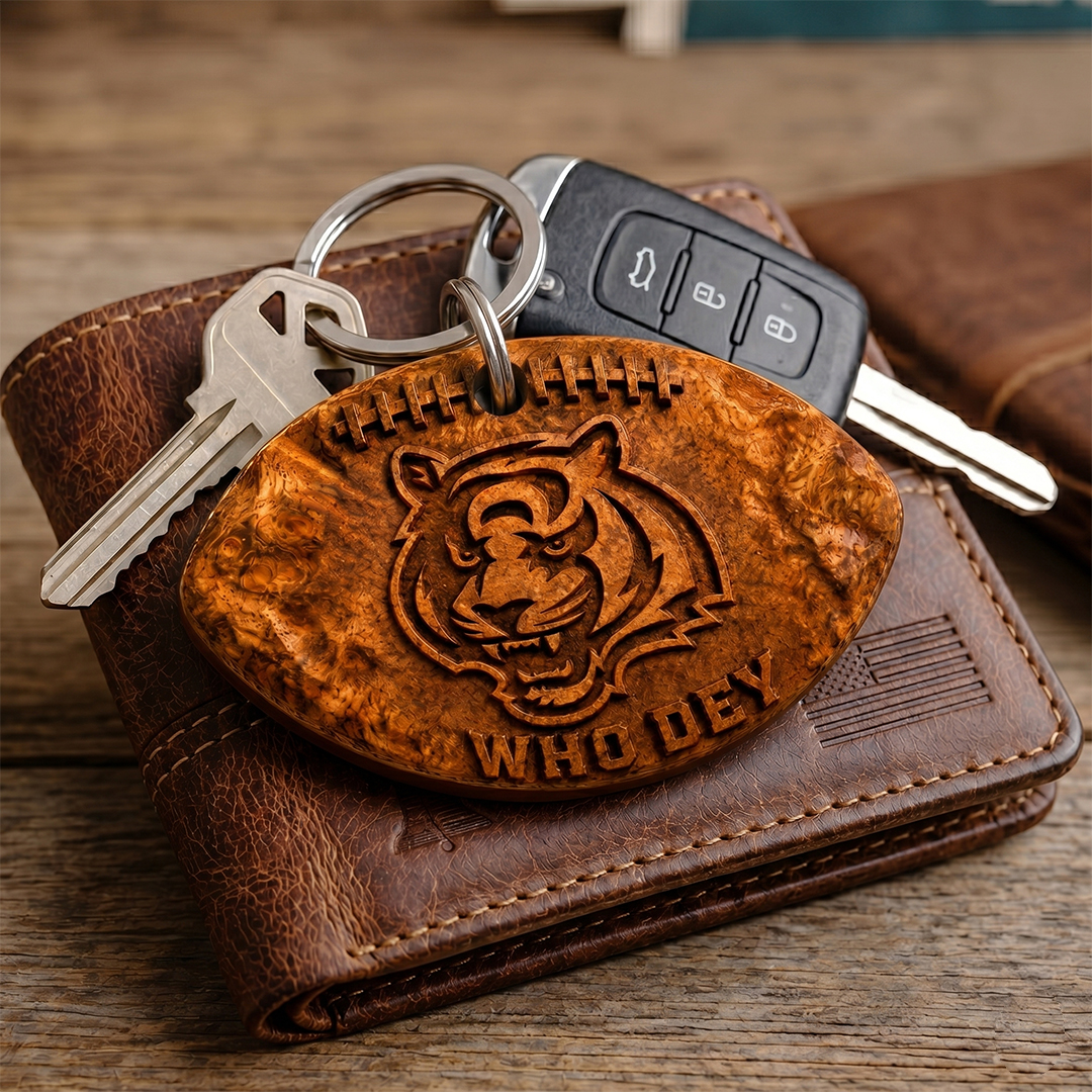 Hand-Carved Cincinnati Bengals Wooden Keychain – Custom Name - Image 3