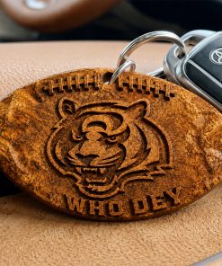 Hand-Carved Cincinnati Bengals Wooden Keychain – Custom Name