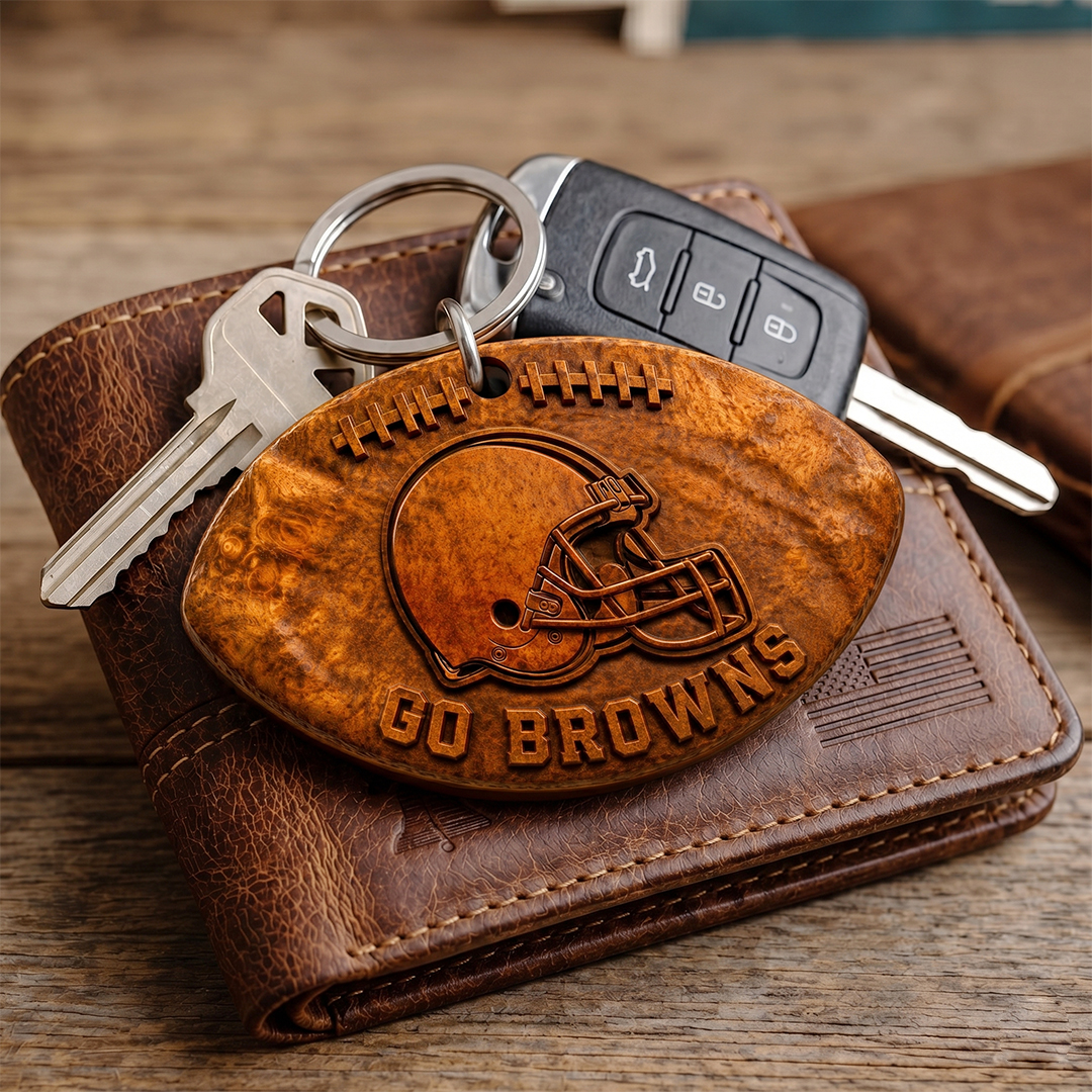 Hand-Carved Cleveland Browns Wooden Keychain – Custom Name - Image 3