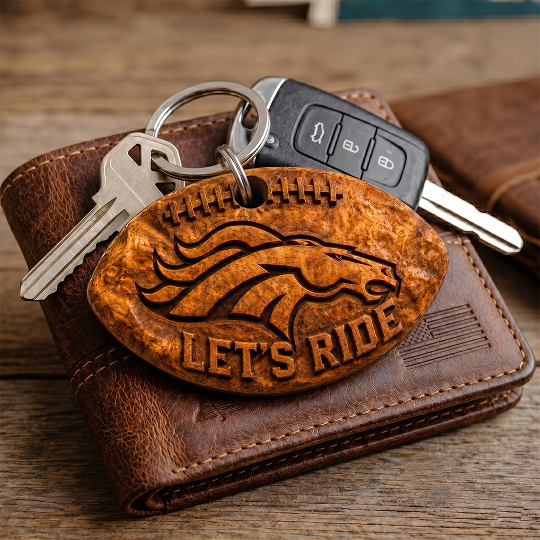 Hand-Carved Denver Broncos Wooden Keychain – Custom Name - Image 3