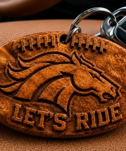 Hand-Carved Denver Broncos Wooden Keychain – Custom Name