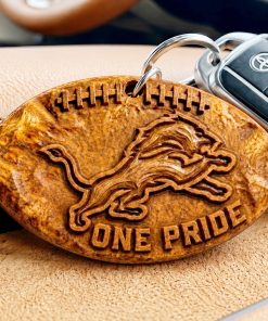 Hand-Carved Detroit Lions Wooden Keychain – Custom Name
