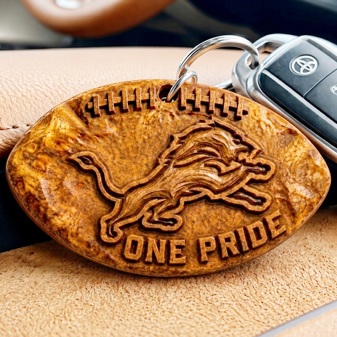 Hand-Carved Detroit Lions Wooden Keychain – Custom Name