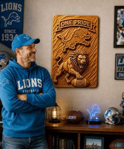 Alternative view of Hand-Carved Detroit Lions Wooden Wall Art – Custom Name