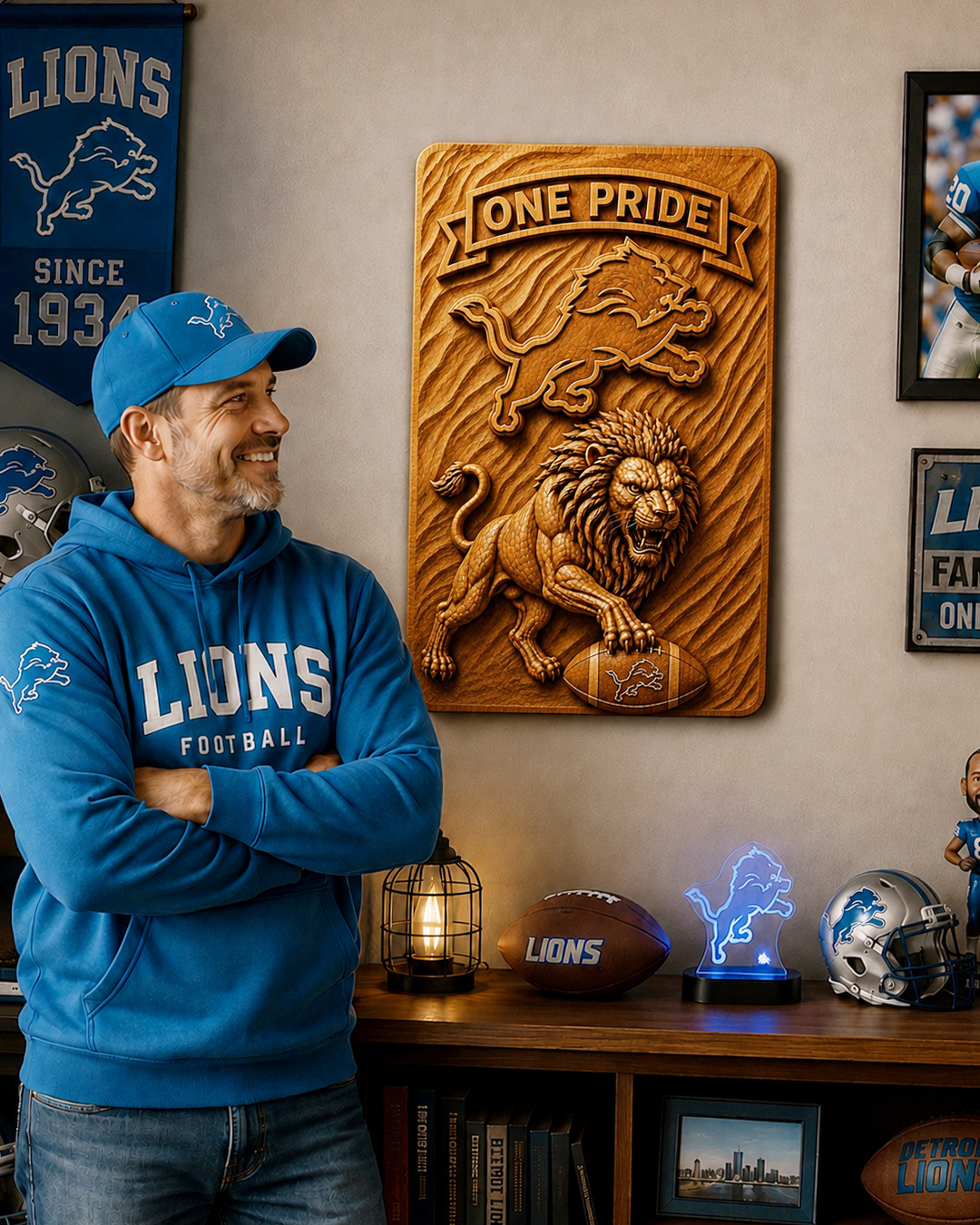 Hand-Carved Detroit Lions Wooden Wall Art – Custom Name - Image 2