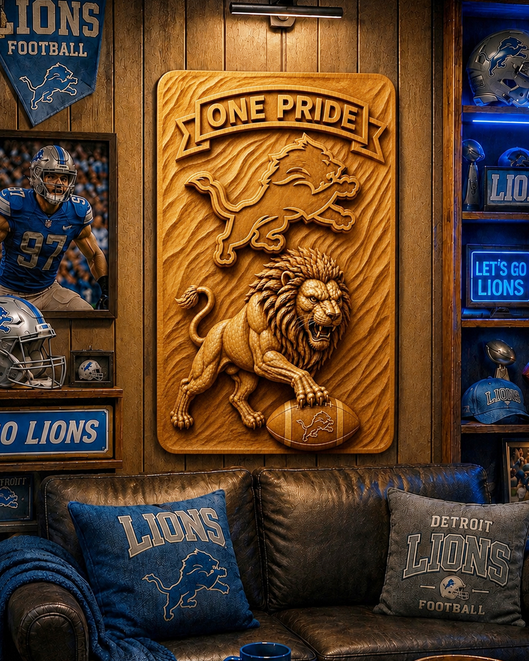 Hand-Carved Detroit Lions Wooden Wall Art – Custom Name - Image 3