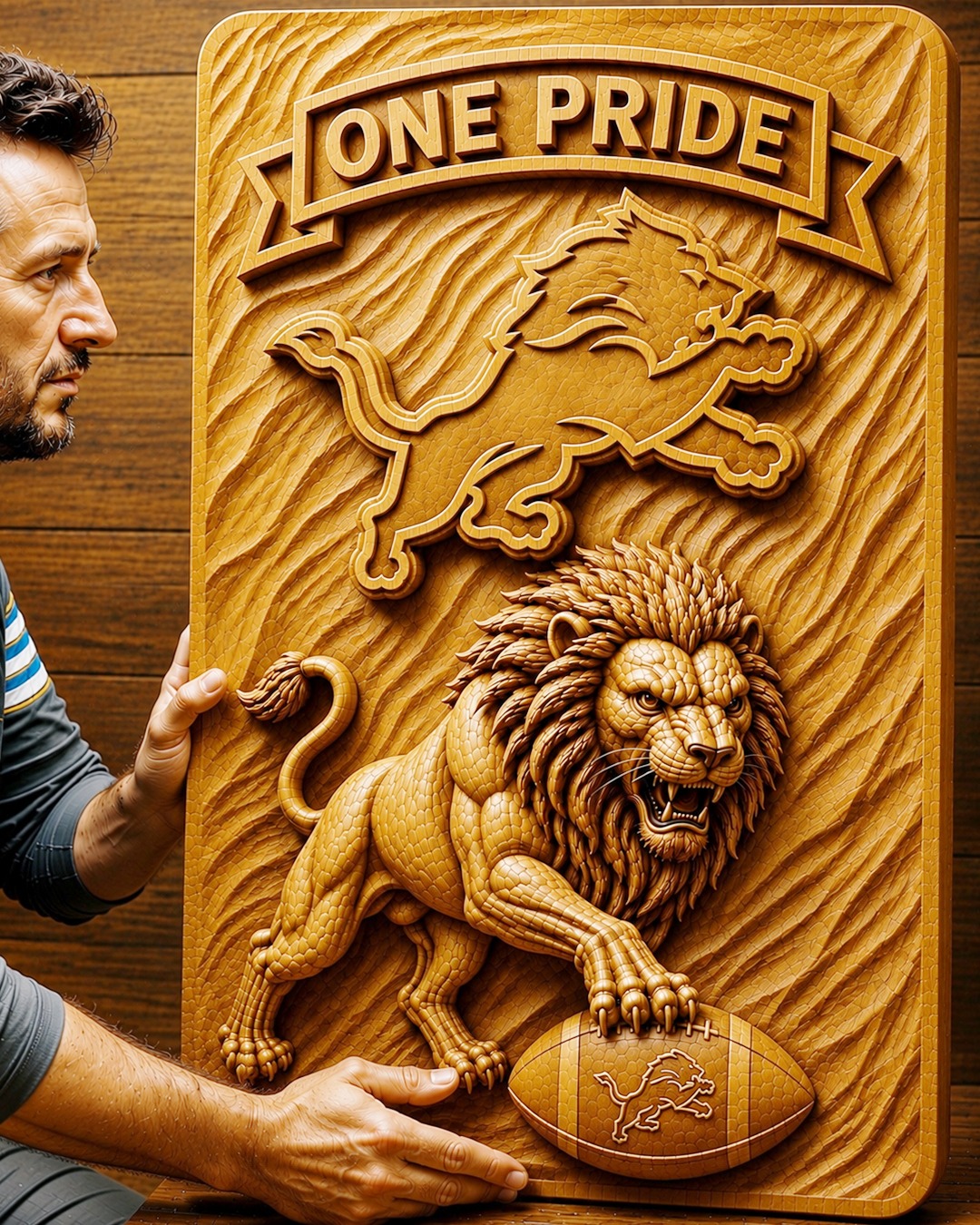 Hand-Carved Detroit Lions Wooden Wall Art – Custom Name